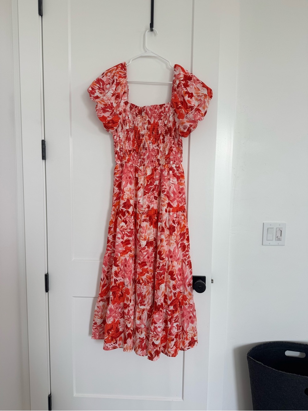 Floral Puff-Sleeve Midi Dress in Red & Pink